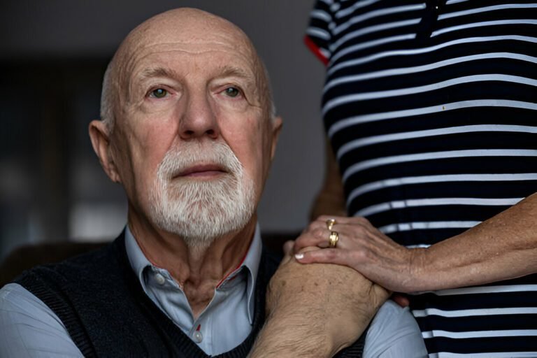 un homme âgé avec son aide-soignant en arrière-plan