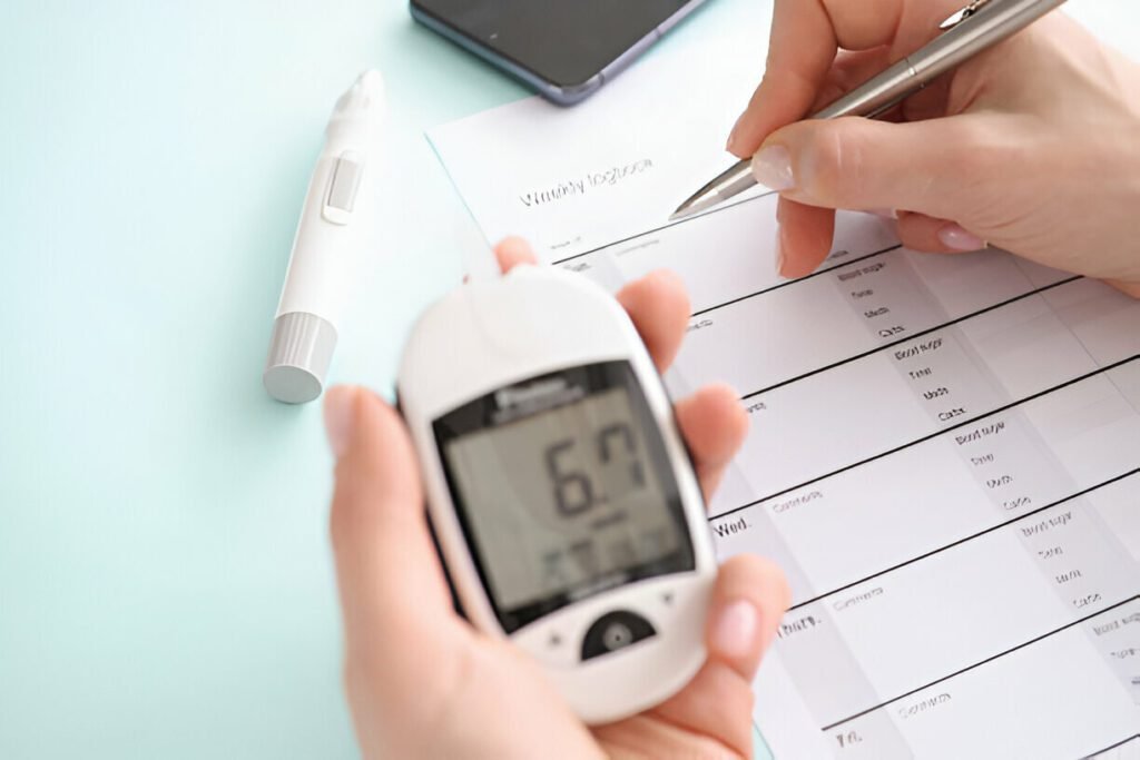 Glucomètre avec résultats d'analyses sanguines dans la main du patient remplit les résultats dans le rapport quotidien