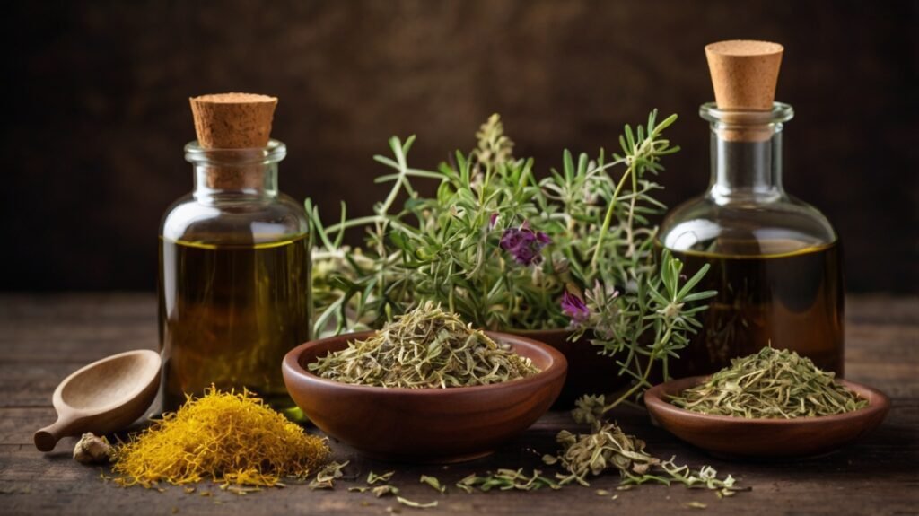 Herbes et huiles médicinales sur table