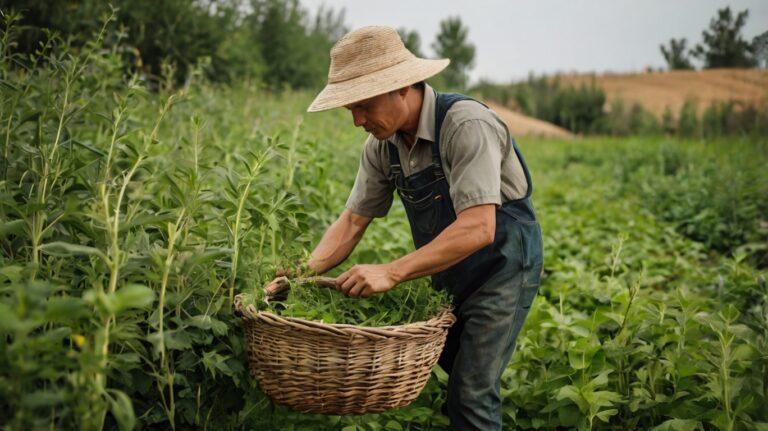 Agriculteur récoltant des plantes médicinales. Récolte d'herbes vertes fraîches. Plantes médicinales dans un panier. Plante médicinale.