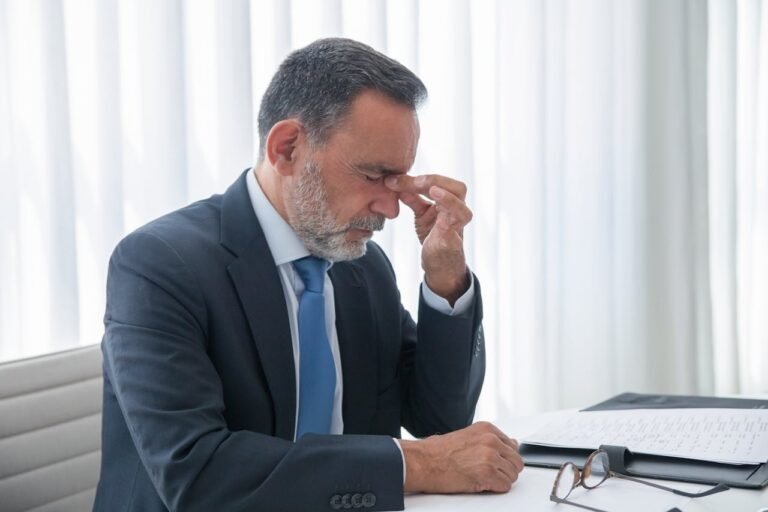 Un homme au bureau souffre de burn-out